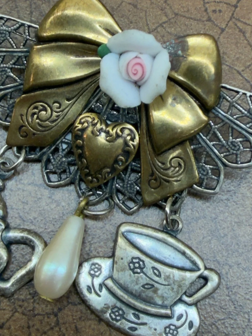 Vintage-Inspired Tea Party Bow Brooch with Pearl Drop - Gold & Silver